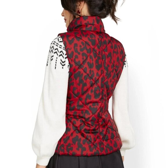 New York & Company Leopard-Print Coco Red Puffer Vest Size Small - Picture 2 of 12